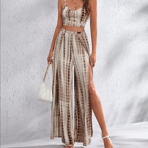 Two Pieces Outfit Tie Dye Halter Crop Top and Criss Cross Split Thigh Maxi Skirt